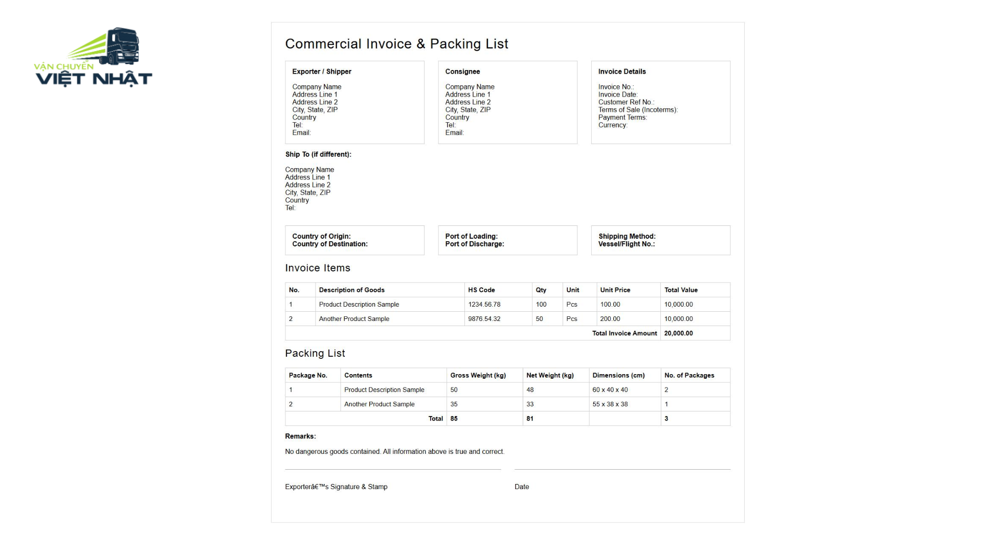 Chuẩn bị Invoice và Packing List khi cần thiết